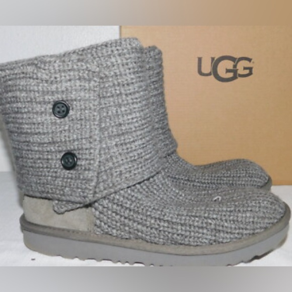 KIDS GIRLS 3 GREY UGG CARDY II KNIT SHEEPSKIN BOOTS 5649